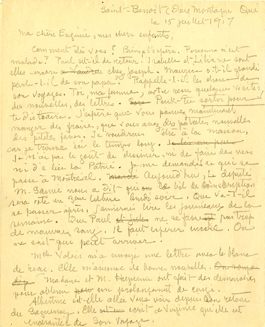 Lettre d’Albert Ferland à son épouse et à ses enfants.