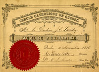 Certificat de membre du docteur Jean-Étienne Landry au tout nouveau Cercle catholique de Québec.