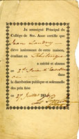 Certificat de prix d'excellence en rhétorique de Jean-Étienne Landry.