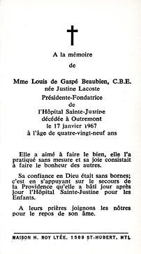 Carte mortuaire soulignant le décès de Justine Lacoste Beaubien