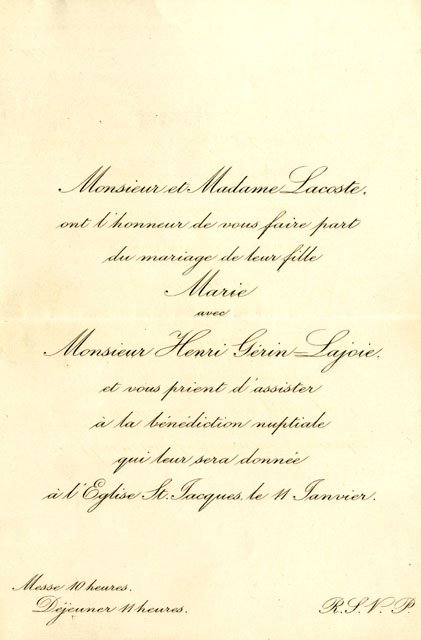Carton d'invitation au mariage de Marie Lacoste et d'Henri Gérin-Lajoie.