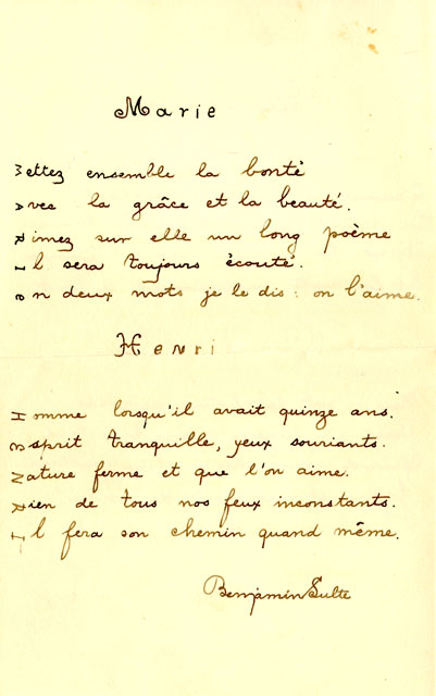 Poème en acrostiche de Benjamin Sulte, oncle d'Henri Gérin-Lajoie.