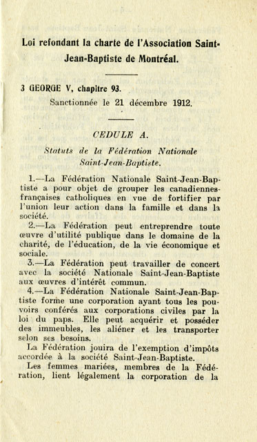 Charte et règlements de la Fédération nationale St-Jean-Baptiste