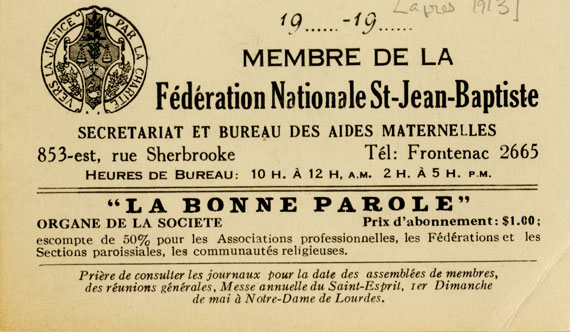 Carte de membre de la Fédération nationale Saint-Jean-Baptiste