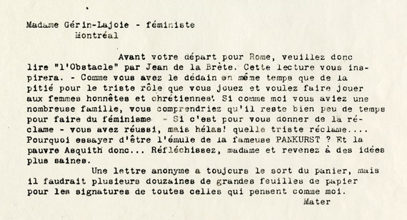 Texte d'une antisuffragette accompagnant la caricature de Marie Gérin-Lajoie
