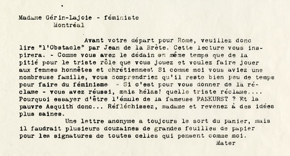 Texte d'une antisuffragette accompagnant la caricature de Marie Gérin-Lajoie