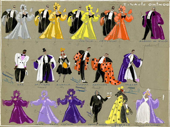 Maquettes des costumes du 1er acte de Domino lilas 
