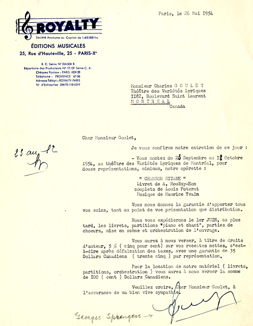 Lettre des ditions Royalty  Charles Goulet concernant les droits et redevances pour l'oprette Chanson gitane 